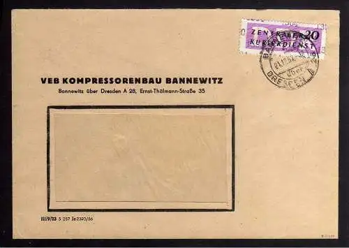 B1508 DDR ZKD 15 Kontrollzahl 1304 Brief Bannewitz über Dresden A28 geprüft BPP