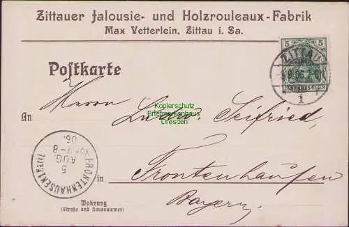 154727 Postkarte Zittauer Jalousie- und Holzrouleaux Fabrik Max Vetterlein 1906