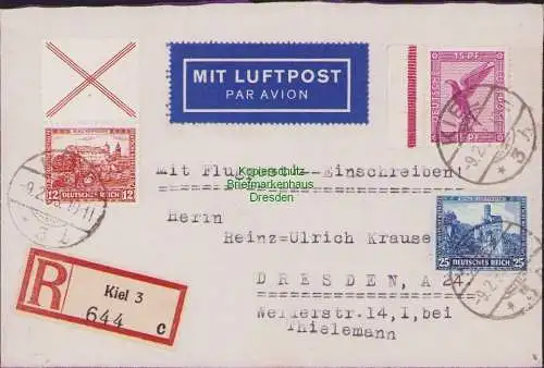 B14806 DR Brief Nothilfe 1932 S 100 477 A379 Luftpost Kiel nach Dresden 1933