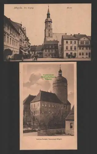 154468 2 AK Mügeln Bez. Leipzig 1913 Markt Colonialwaren Kirche Schloss Ruhetal