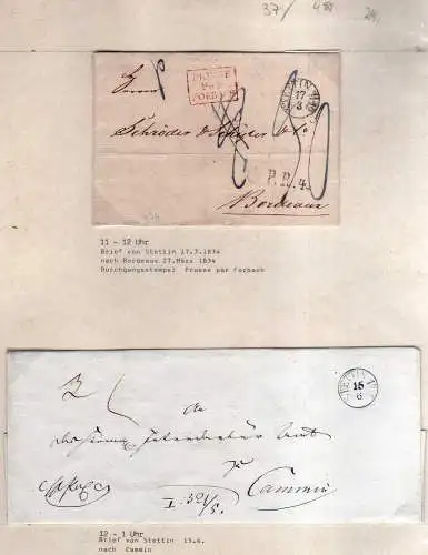 V037 aus Stettin Sammlung 4 Briefe 1834 nach Bordeaux Grenzübergangsstempel Prus