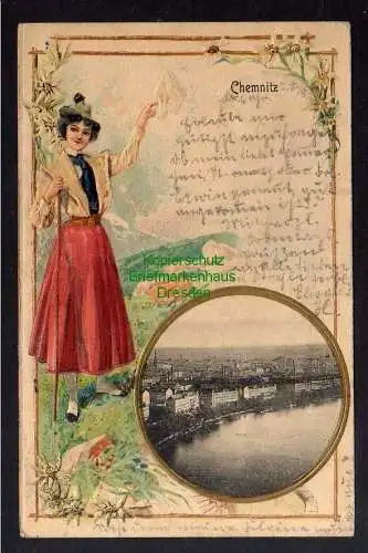 124982 AK Chemnitz 1903 Panorama Frau geprägt Edelweiß