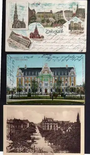 123525 3 AK Zwickau Litho Rathaus Moritzkirche Bahnhof Gewandhaus 1898 Hauptpost