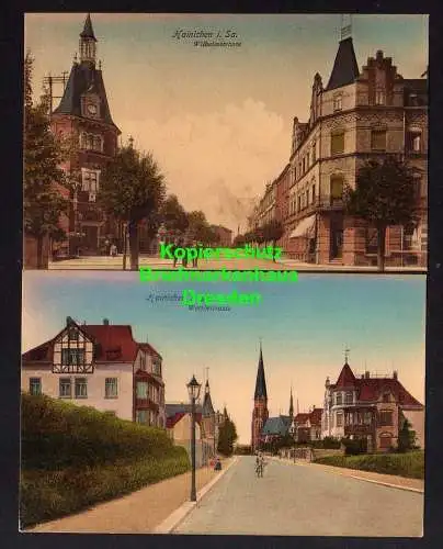 118204 2 AK Hainichen 1908 Wilhelmstrasse Wettinstrasse mit Kirche