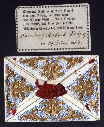 117711 Taufbrief Werde fromm und gut 1857 Robert Patzig Patenbrief goldgeprägt