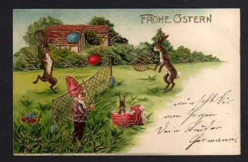 108956 AK Frohe Ostern 1904 Hasen beim Tennis spielen Ostereier Zwerg