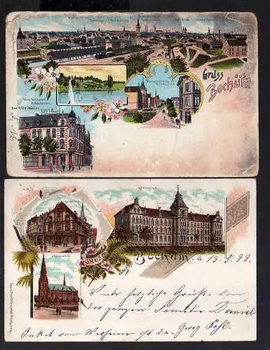 109315 2 Ansichtskarte Bochum Bismarckstrasse Gymnasium 1899 Litho Hotel Restaurant Hohenzo