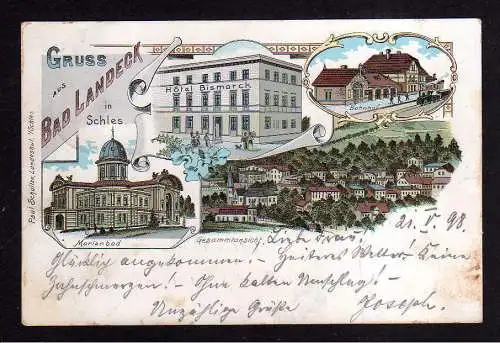109294 AK Bad Landeck in Schlesien 1898 Litho Hotel Bismarck Bahnhof Marienbad