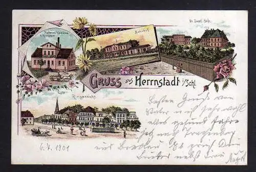 108538 Ansichtskarte Herrnstadt Schlesien 1901 Litho Bahnhof Molkerei Kadlewe St. Josef Sti