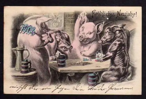 108960 Ansichtskarte Neujahr 1905 Schweine beim zocken Karten spielen Geld Bier Bierkrüge