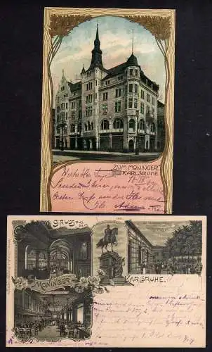 100456 2 Ansichtskarte Litho Karlsruhe Restaurant  Moninger 1900 Jugendstil Deko 1904