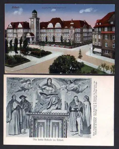 100115 2 Ansichtskarte Erfurt Hohe Schule Gemälde Festsaal Rathaus um 1910 Oberrealschule