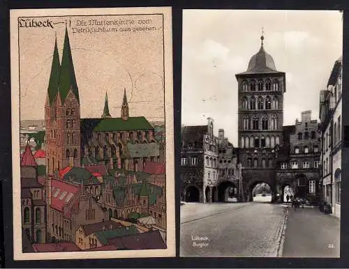 100520 2 AK Lübeck Burgtor 1929 Marienkirche Künstler Steinzeichnung