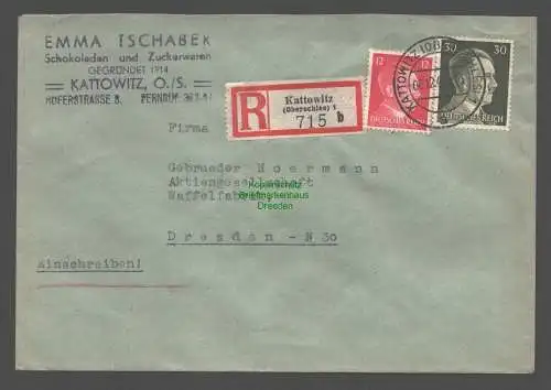 B9456 R-Brief Gebr. Hörmann A.-G. Kattowitz (Oberschles) 1 b 1942 Emma Tschaber