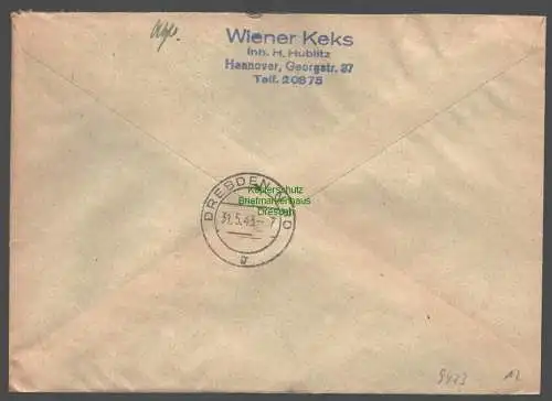 B9423 R-Brief Gebr. Hörmann A.-G. Hannover 1 kk 1943 H. Hublitz Wiener Keks