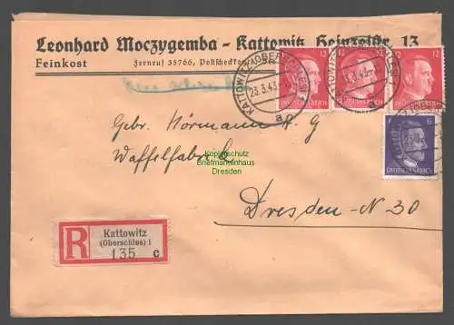 B9458 R-Brief Gebr. Hörmann A.-G. Kattowitz (Oberschles) 1 c 1943 Moczygemba