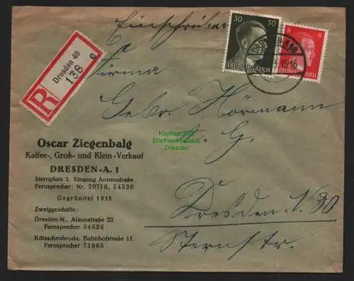 B9265 R-Brief Gebr. Hörmann A.-G. Dresden 48 c 1943 Oskar Ziegenbalg  Kaffee-,