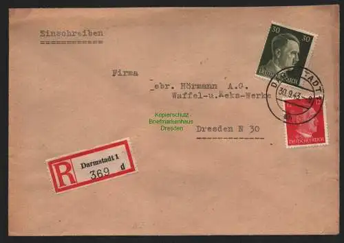 B9248 R-Brief Gebr. Hörmann A.-G. Darmstadt 1 d 1943 Carl Vogel Schokoladenhaus