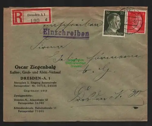 B9270 R-Brief Gebr. Hörmann A.-G. Dresden A 1 d 190 1943 Oskar Ziegenbalg Kaffee