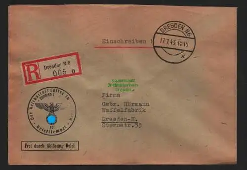 B9295 R-Brief Gebr. Hörmann A.-G. Dresden N 6 o 1943 Der Reichsstatthalter