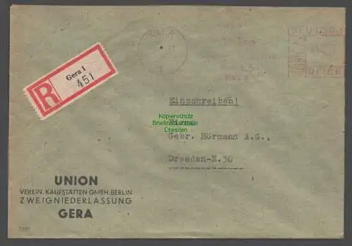 B9353 R-Brief Gebr. Hörmann A.-G. Gera 1  1943 UNION Verein. Kaufstätten GMBH