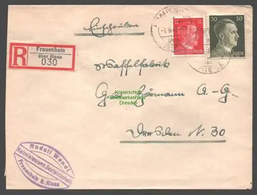 B9333 R-Brief Gebr. Hörmann A.-G. Frauenhain über Riesa 1943 Rudolf Wendt Kolon