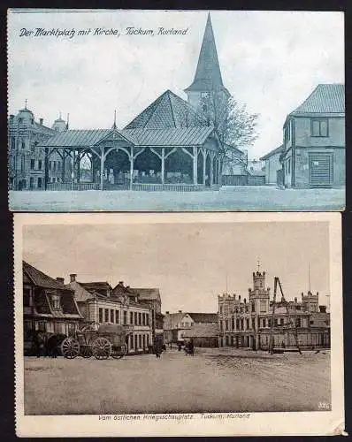 61853 2 AK Tuckum Markt Kirche Kurland Tuckums Feldpost Ruinen Lettland 1917