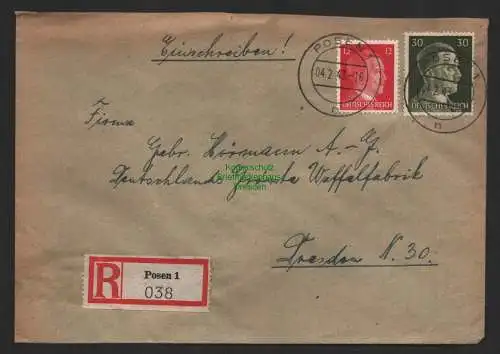 B9697 R-Brief Gebr. Hörmann A.-G. Posen 1 L. Weckram 1943 Zuckerwaren u. Schoko