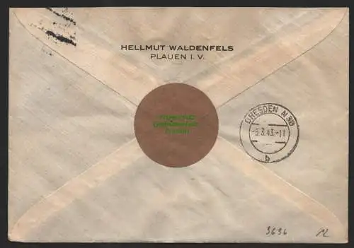 B9696 R-Brief Gebr. Hörmann A.-G. Plauen (Vogtl) 7 Hellmut Waldenfels 1943