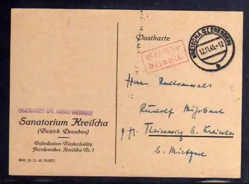 B519 SBZ Karte Gebühr bezahlt 1945 Kreischa Bz. Dresden Sanatorium Oberarzt Dr.