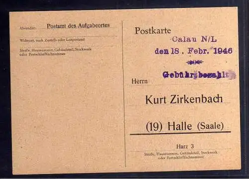 B296 Postkarte SBZ Gebühr bezahlt 1946 Clausnitz über Freiberg