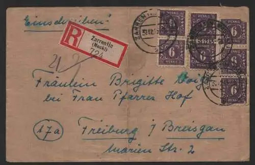B-14507 SBZ Brief Einschreiben Zarrentin 31.12.45 nach Freiburg im Breisgau