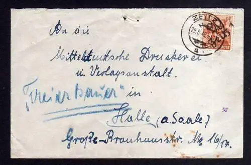 h799 Brief Handstempel Bezirk 20 Zeitz 29.6.48 nach Halle Saale Druckerei & Verl