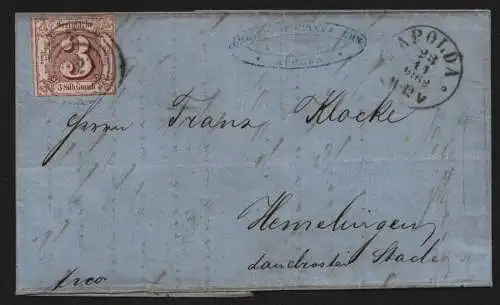 B11670 Brief Thurn & Taxis 31 Apolda 1862 nach Hemelingen