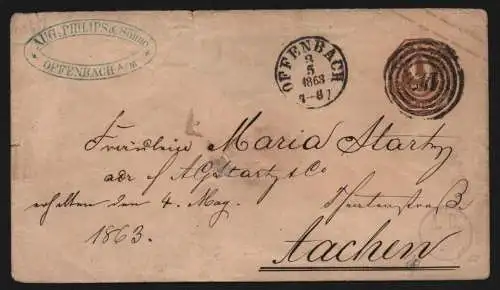 B11623 Brief Altdeutschland AD Thurn & Taxis Ganzsache 9 Kr Offenbach 142 Aachen