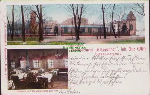 158890 AK Breslau Morgenau Etablissement Wappenhof 1906 Gesamtansicht u. Billard