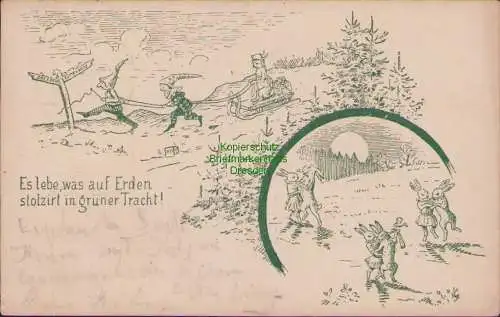 158873 AK Dresden 1899 Künstlerkarte Hasen und Zwerge Grüne Tracht Jagd