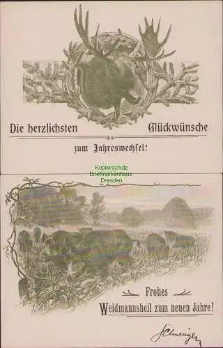 158874 2 Kärtchen Jagd Elch Wildschweine Glückwünsche zum Jahreswechsel um 1900