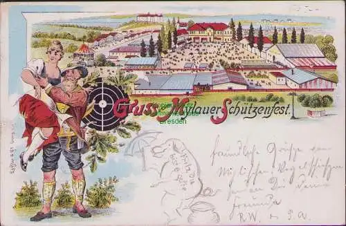 158866 AK Mylauer Schützenfest 1897 Litho Mann Frau Zielscheibe Festplatz