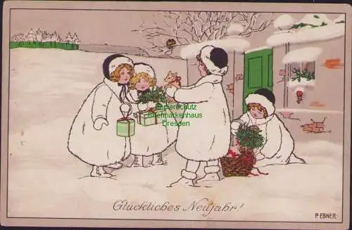 158680 AK Künstlerkarte Glückliches Neujahr Kinder Winter P. Ebner M. M. Vienne