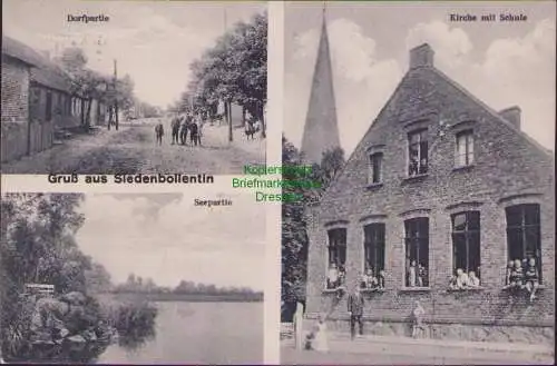 158640 AK Siedenbollentin 1926 Kiche mit Schule Seepartie Dorfpartie