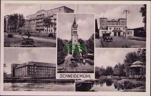 158719 AK Pila Schneidemühl 1942 Krankenhaus Kirche Bahnhof Regierungsgebäude