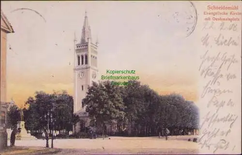 158644 AK Pila Schneidemühl 1908 Ev. Kirche mit Denkmalsplatz