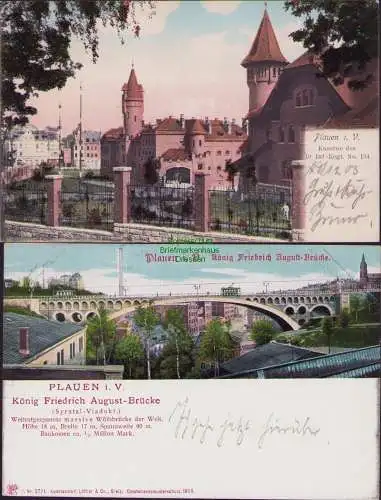 158748 2 AK Plauen i. V. Kaserne 134 König Friedrich August Brücke 1905