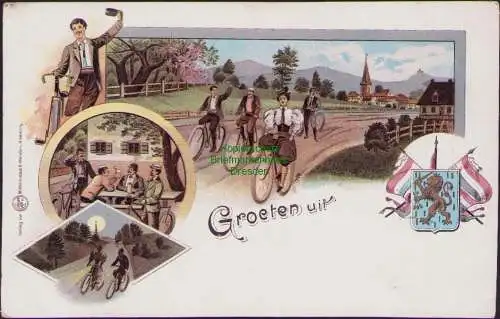 158697 AK Groeten uit … Niederlande Litho Fahrrad Wappen um 1900