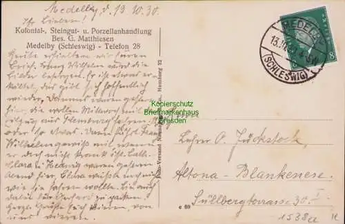 153822 AK Medelby (Schleswig) 1930 Kolonial-, Steingut- u. Porzellanhandlung