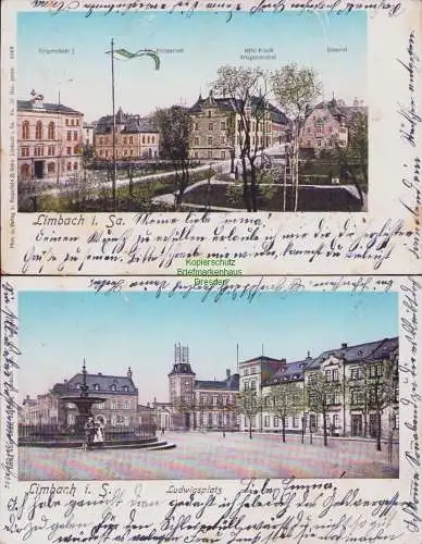 153870 2 AK Limbach i. Sa. 1908 Bürgerschule Amtsgericht Hotel Hirsch Diaconat