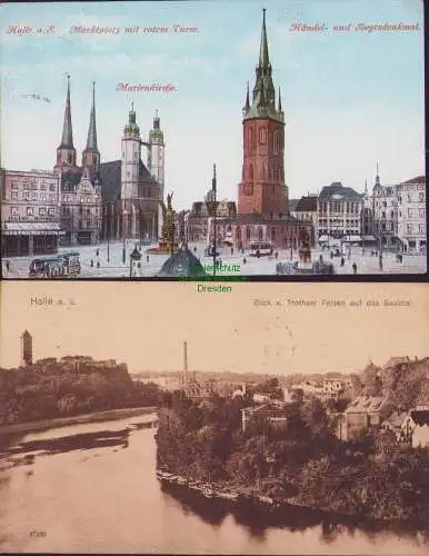 153947 2 AK Halle Saale Marktplatz mit rotem Turm 1911 Blick v. Trothaer Felsen