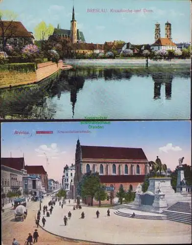 153584 2 AK BRESLAU Kreuzkirche und Dom 1915 Aus militärischen Gründen verzögert