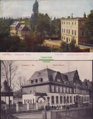 153509 2 AK Limbach 1907 Chemnitzer Strasse Gasthaus Gold´ner Becher Postamt